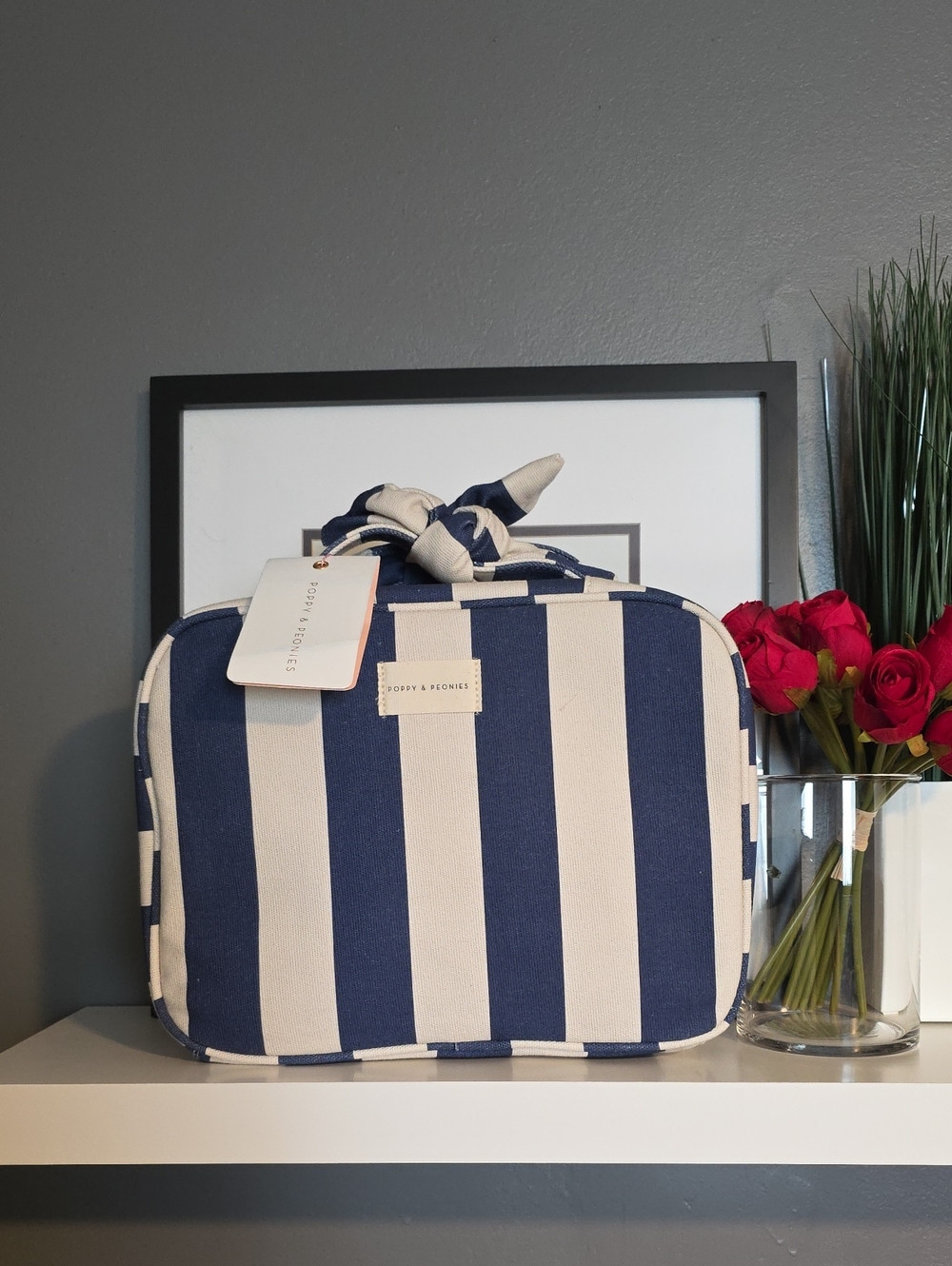 Poppy & Peonies Navy and Cream Striped Canvas 'Hook Me Up' Cosmetic Case.